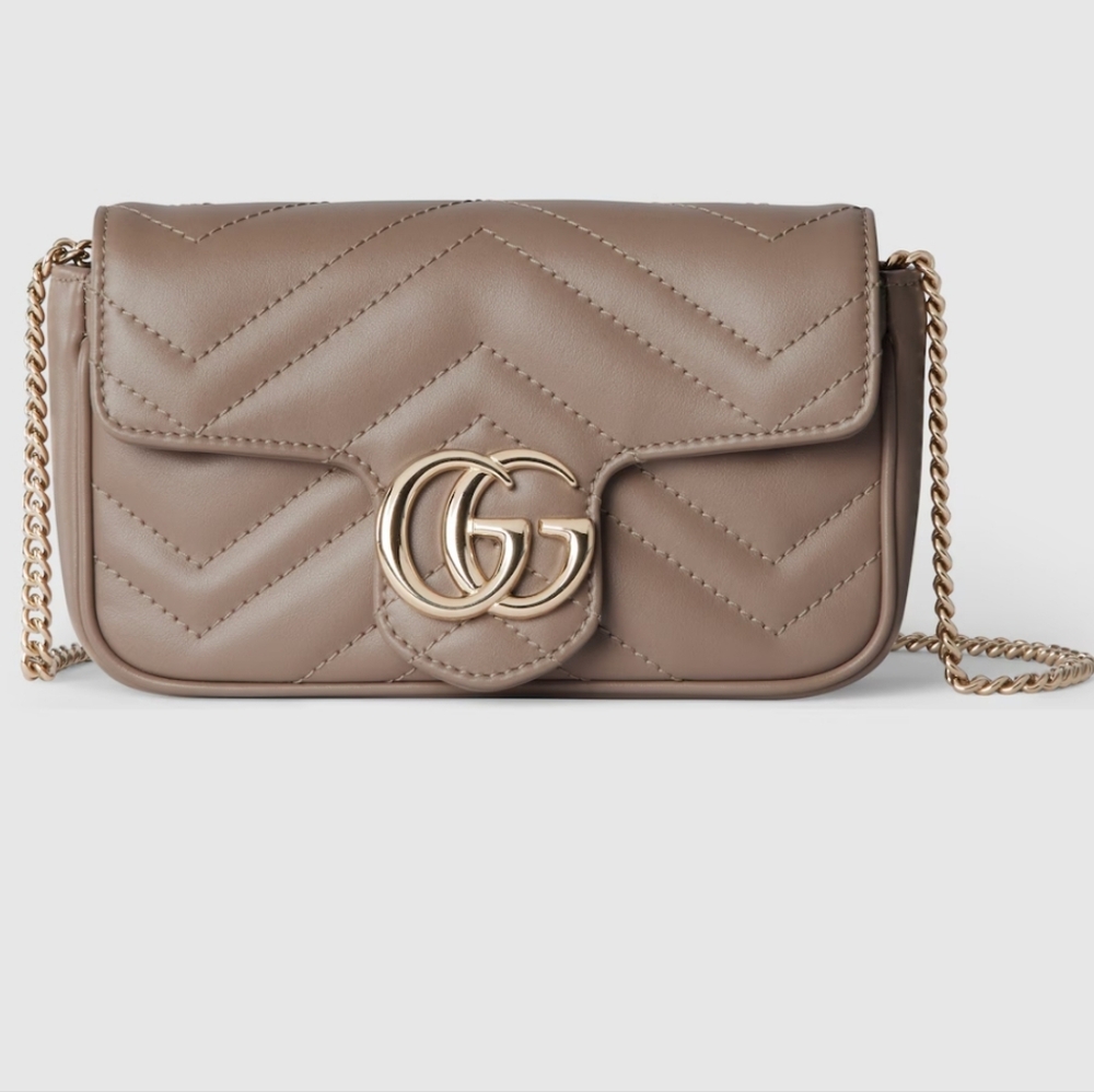 Gucci GG Super Mini Marmont Taupe Crossbody Bag With Quilted Chevron Design
